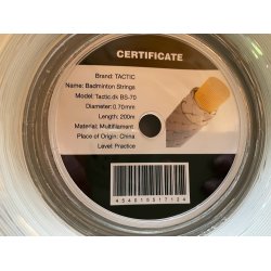 Badminton streng fra Tactic 200m. -  0,70 mm. Hvid &amp; gul. Kan erstatte Yonex BG65